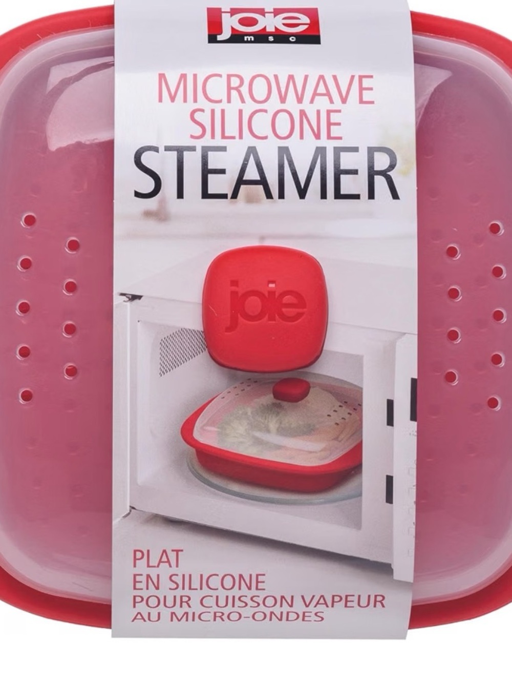 Joie Pink Silicone Microwave Steamer with Red Accents